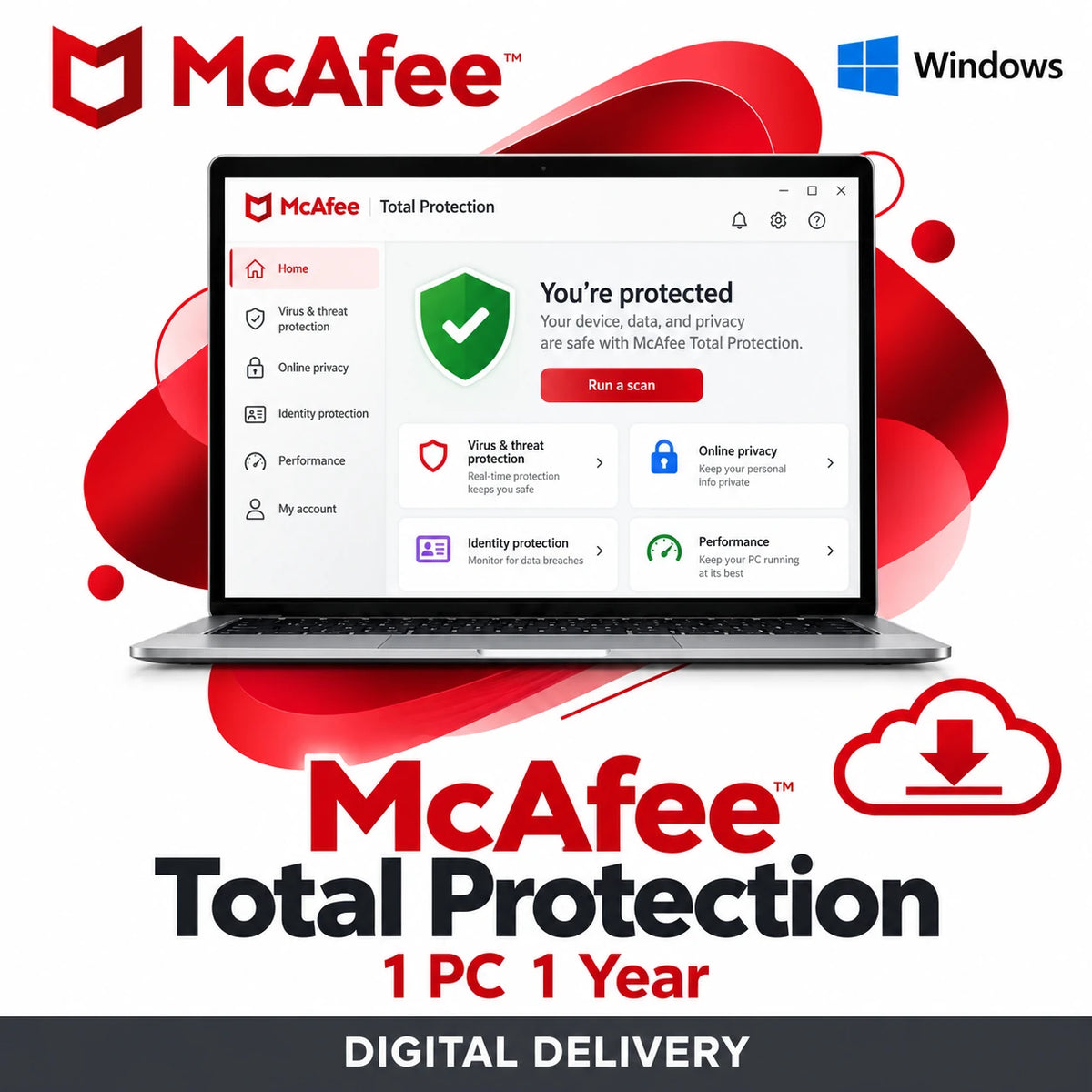 McAfee Total Protection antivirus software for 1 Windows PC 1 year digital license