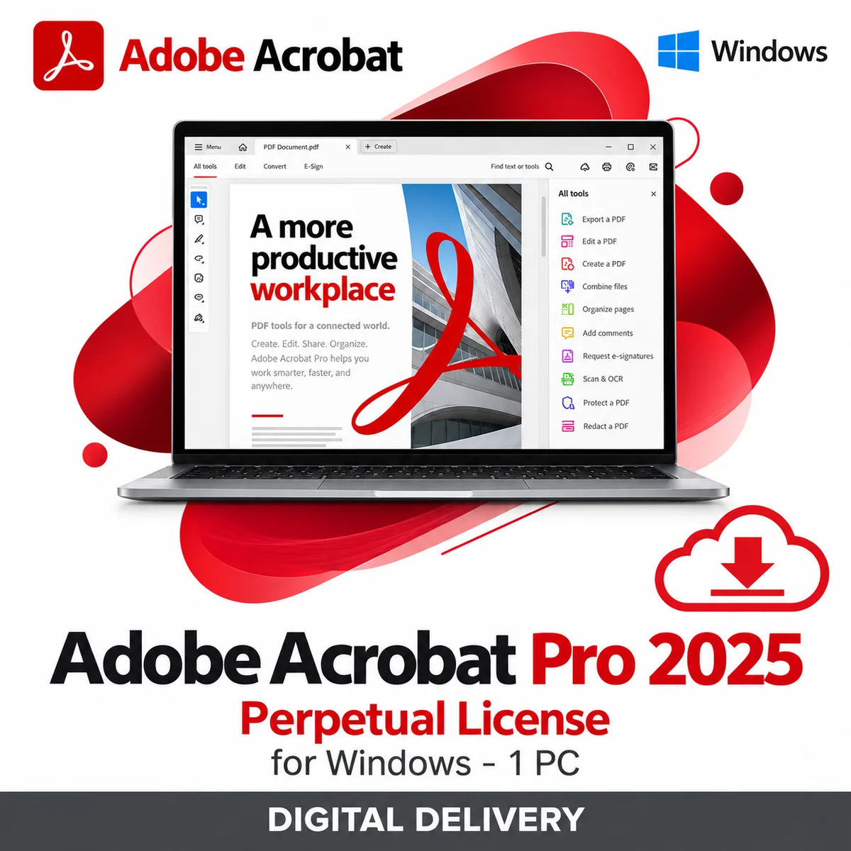 Adobe Acrobat Pro 2025 for Windows 1 PC digital software product image with PDF editor preview